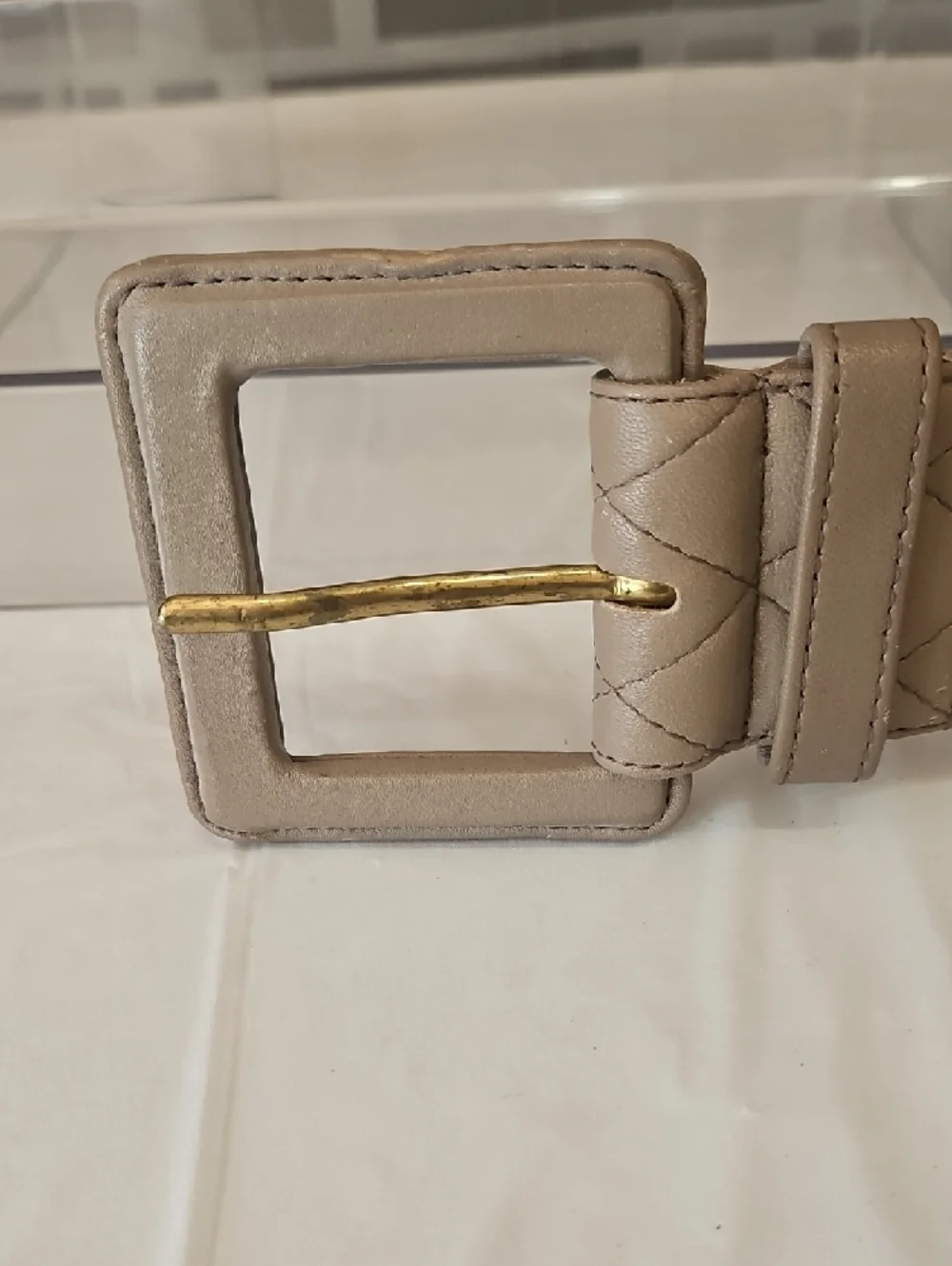 Talbots Quilted Taupe Wide Belt with Square Buckle